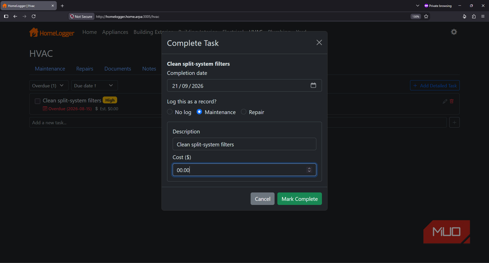 HomeLogger completion dialog offering to log a finished task as maintenance or a repair record