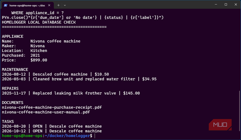 SQLite query showing HomeLogger appliance, maintenance, repair, document, and task records stored locally