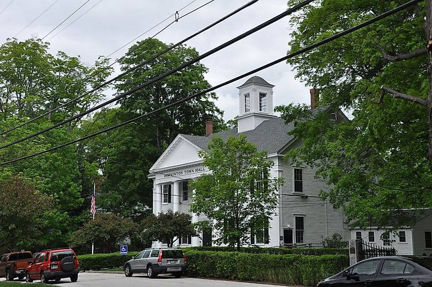 The historic town hall in Hopkinton, New Hampshire, west of Concord.