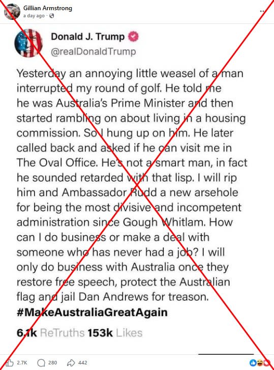 Fabricated Trump post insulting Australia's leader spreads online
