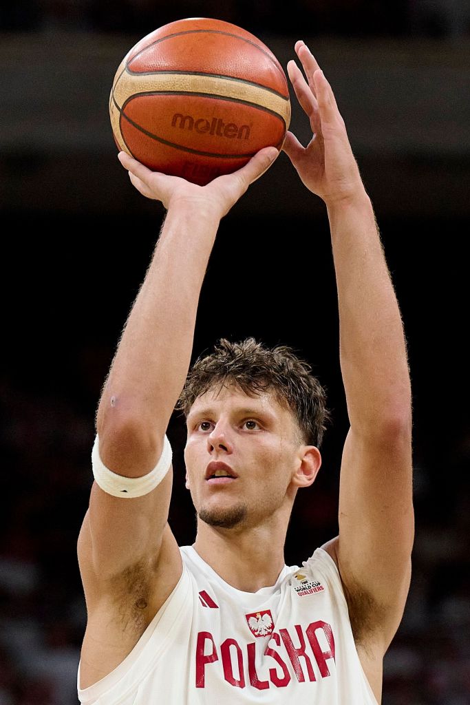 Igor Milicic of Poland shooting a basketball during the FIBA Basketball World Cup 2027 qualifier match.