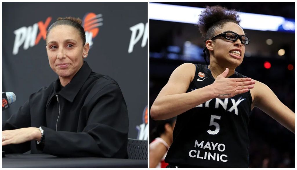 Two images side-by-side: a woman in a black jacket speaking at a podium with "PMX" branding, and a woman in a black jersey with "NY 5 MAYO CLINIC" on the front, smiling and gesturing.