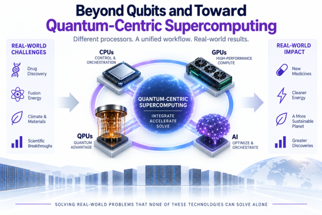 Infographic titled 'Beyond Qubits and Toward Quantum-Centric Supercomputing', illustrating a unified workflow where CPUs, GPUs, QPUs, and AI integrate to solve complex real-world challenges and deliver global impact.