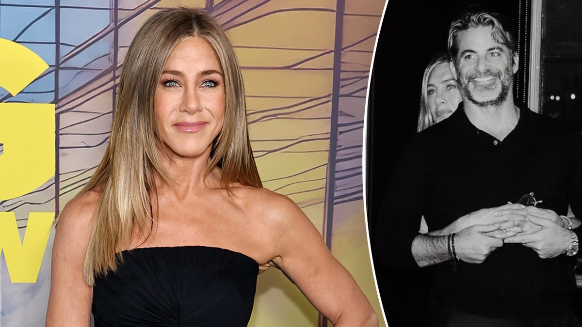 Split photo of Jennifer Aniston and Jennifer Aniston with Jim Curtis.