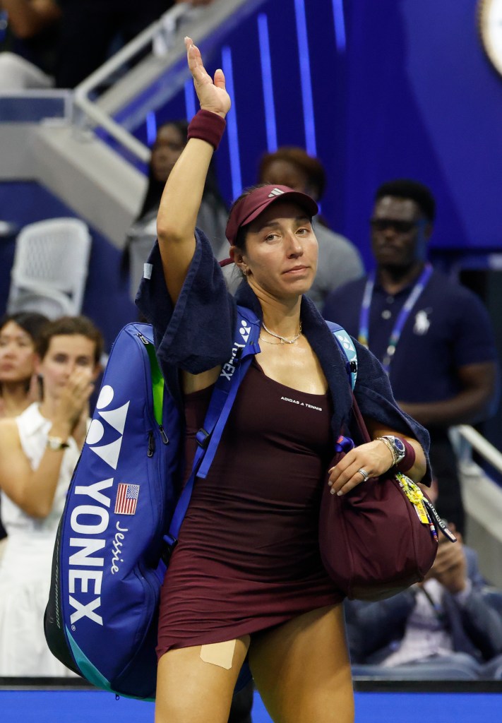 Jessica Pegula waves to fans after her US Open semi-finals loss.