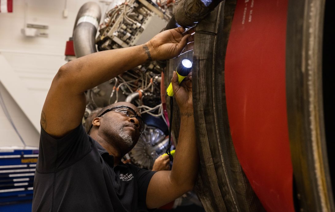 Teams at NASA’s Kennedy Space Center in Florida check a RS-25 Space Launch System rocket engine for the agency's Artemis III mission on June 23.