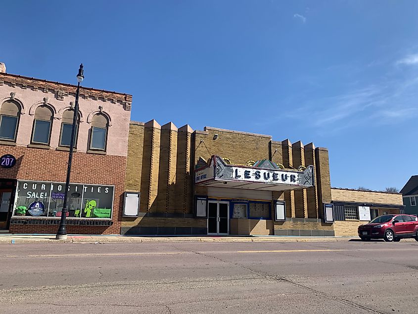 The marquee of the historic Le Sueur Theater on Main Street in Le Sueur, Minnesota.