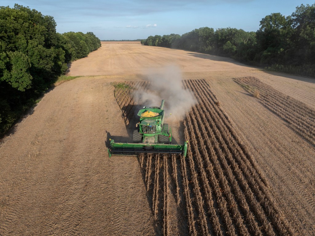 Aerial view of a green combine harvester reaping soybeans in a large field, with rows of trees in the background.