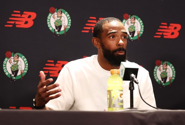 Mike Conley Jr. answers questions from the Boston media during a press conference Tuesday. Nancy Lane/Boston Herald