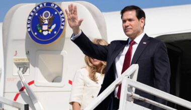 U.S. Secretary of State Marco Rubio and his wife Jeanette Rubio depart the international airport Ernesto Cortissoz in Barranquilla, Colombia, Wednesday, Sept. 9, 2026. (AP Photo/Fernando Vergara, Pool)