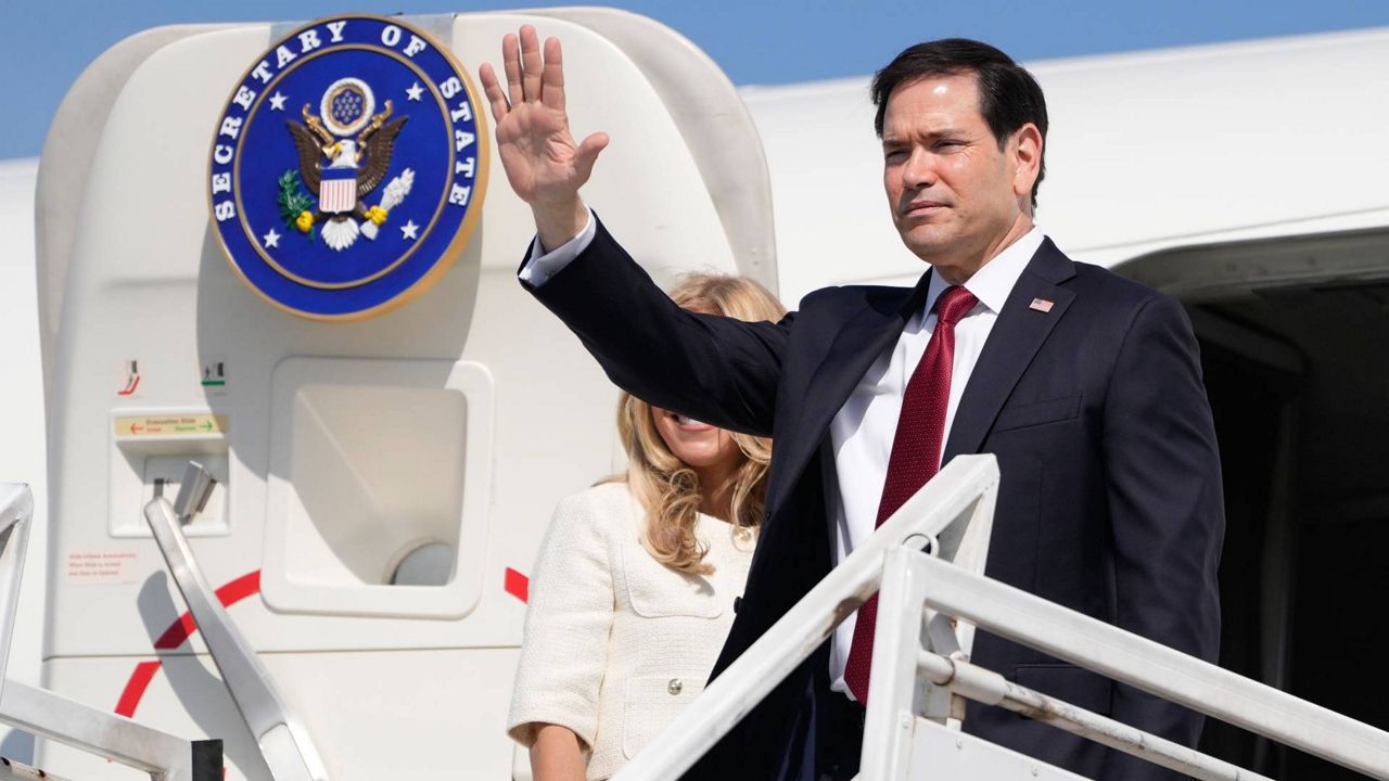 U.S. Secretary of State Marco Rubio and his wife Jeanette Rubio depart the international airport Ernesto Cortissoz in Barranquilla, Colombia, Wednesday, Sept. 9, 2026. (AP Photo/Fernando Vergara, Pool)