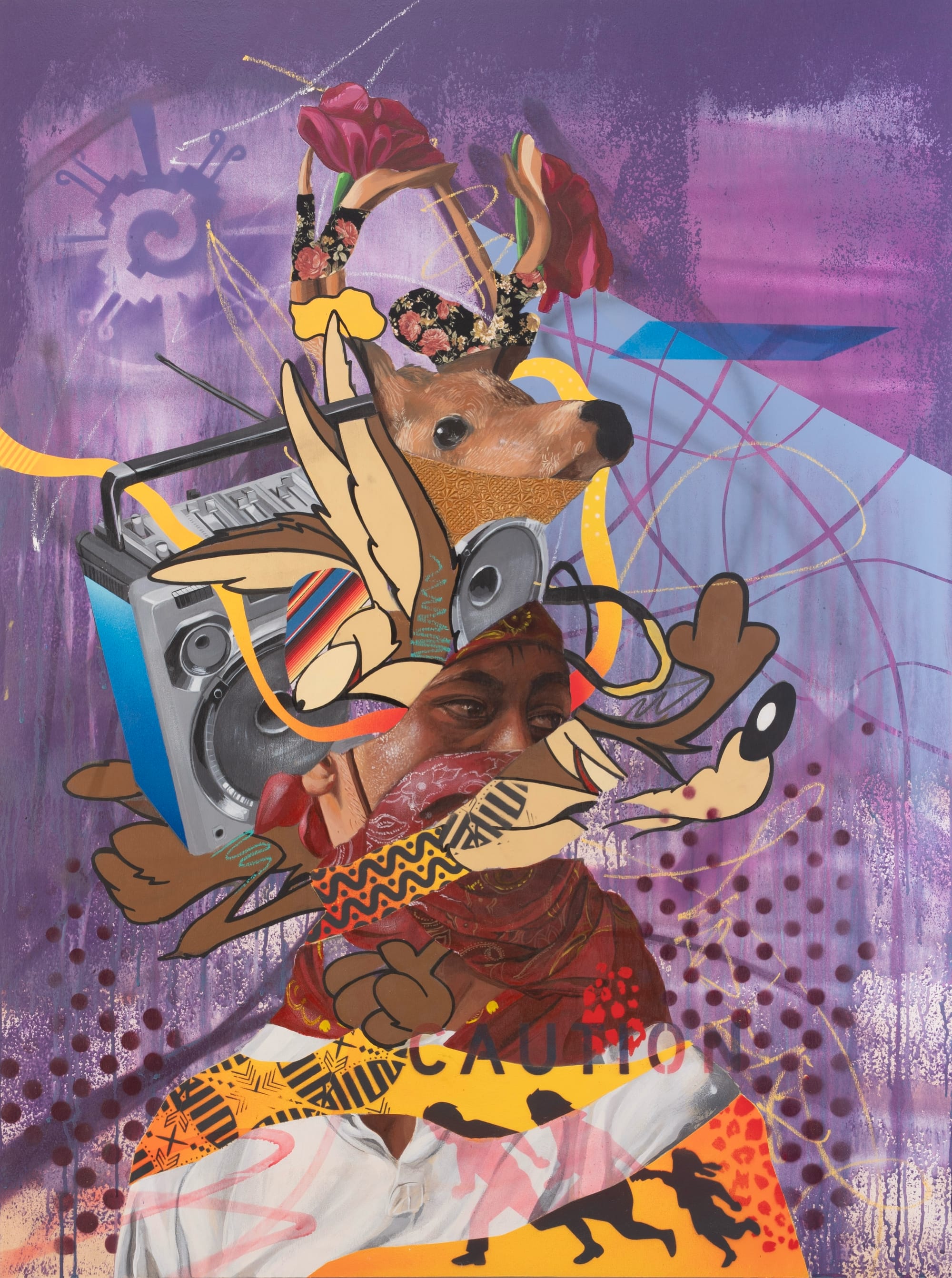 a painting by marka27 of a figure, mixed with graffiti, pattern, and pop culture symbols