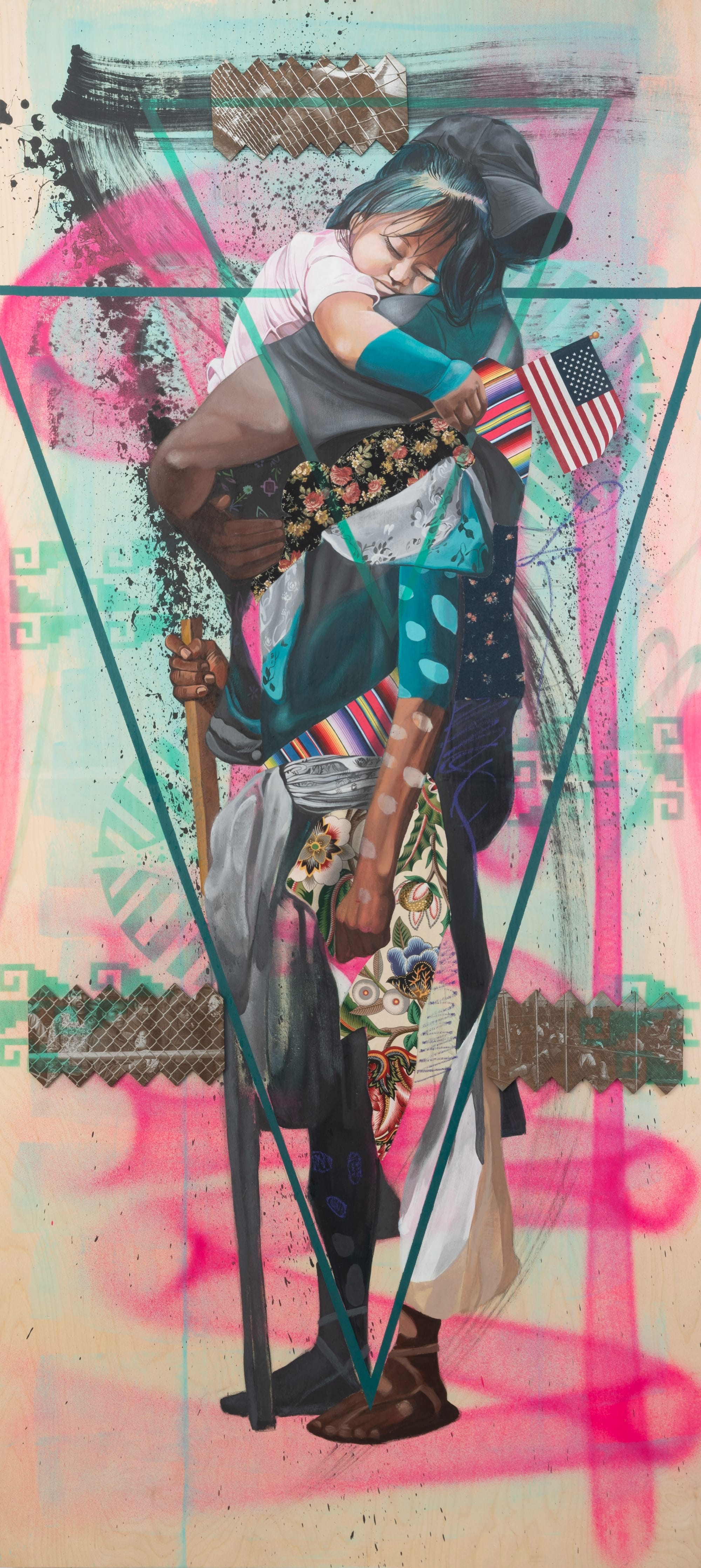 a painting by marka27 of an adult and child, mixed with graffiti, pattern, and pop culture symbols