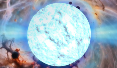 A large glowing blue sphere with light and dark streaks