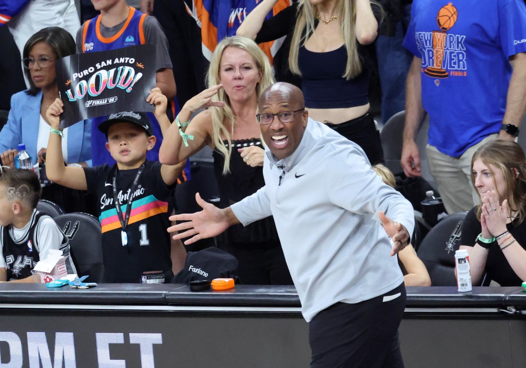 New York Knicks head coach Mike Brown reacting during Game 5 of the NBA Finals.