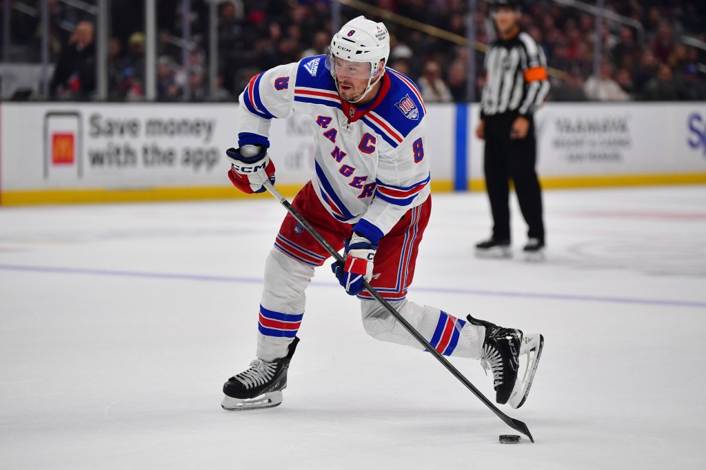 New York Rangers center J.T. Miller (8) shoots on goal against the Los Angeles Kings during the third period at Crypto.com Arena. 