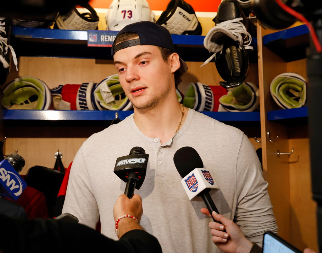 New York Rangers center Matt Rempe attends end-of-season interviews.