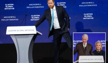 Prince Harry returns to the US to cozy up the Clintons and warn of AI — only to be forced offstage