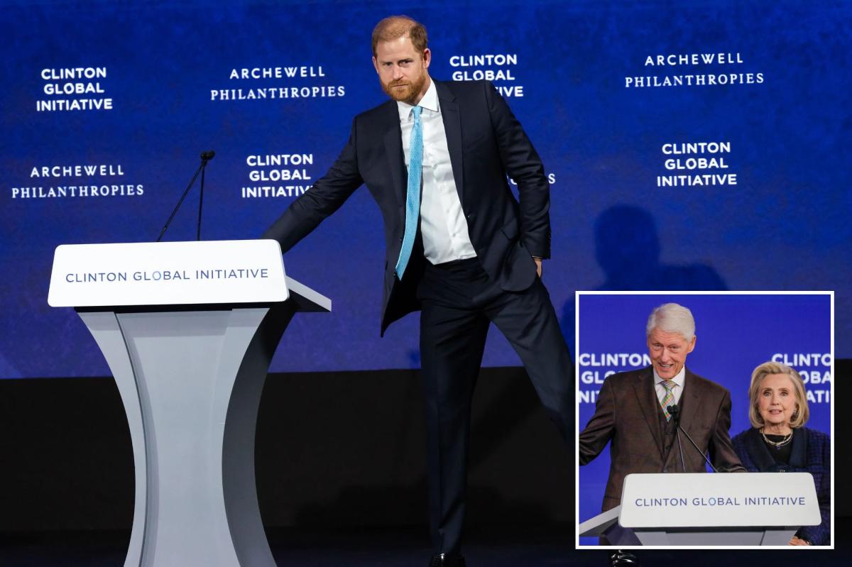 Prince Harry returns to the US to cozy up the Clintons and warn of AI — only to be forced offstage