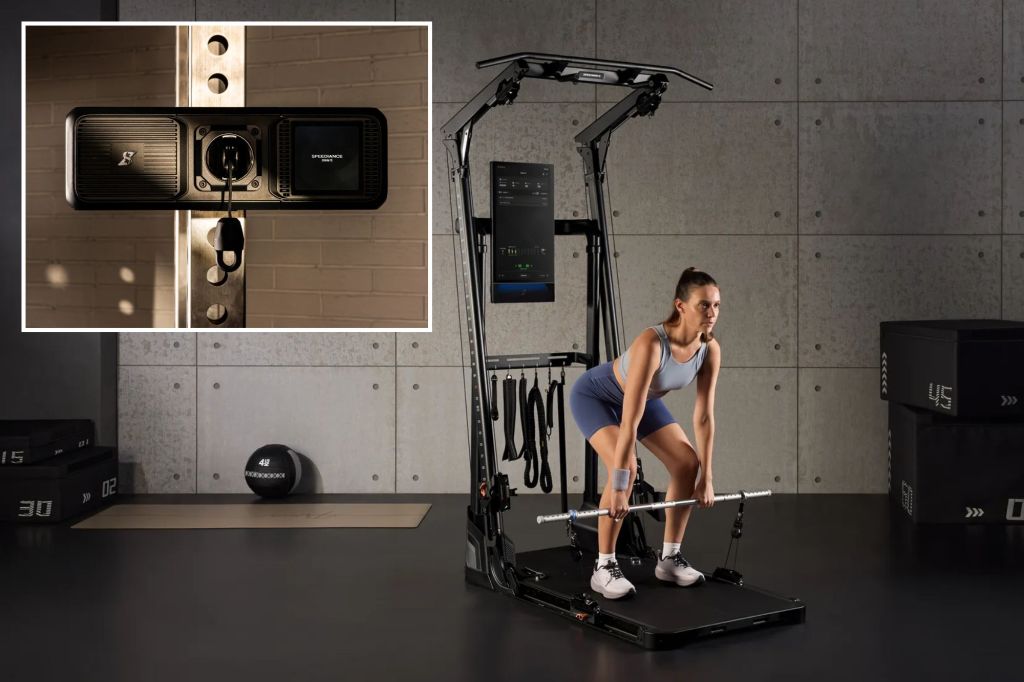 An image collage containing 2 images, Image 1 shows A woman doing deadlifts with a barbell and resistance bands on a smart home gym, Image 2 shows A black fitness device with a small screen showing "SPEEDIANCE OWN IT" mounted on a metal gym rack, with a brick wall in the background