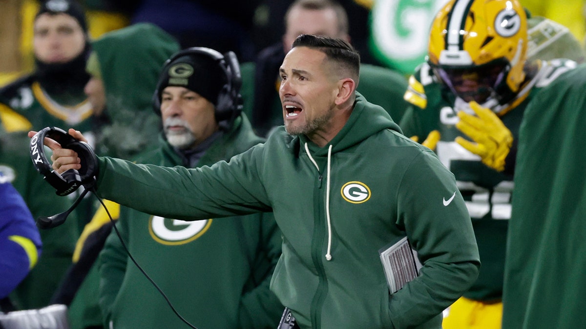 Green Bay Packers coach Matt LaFleur yells on the sideline