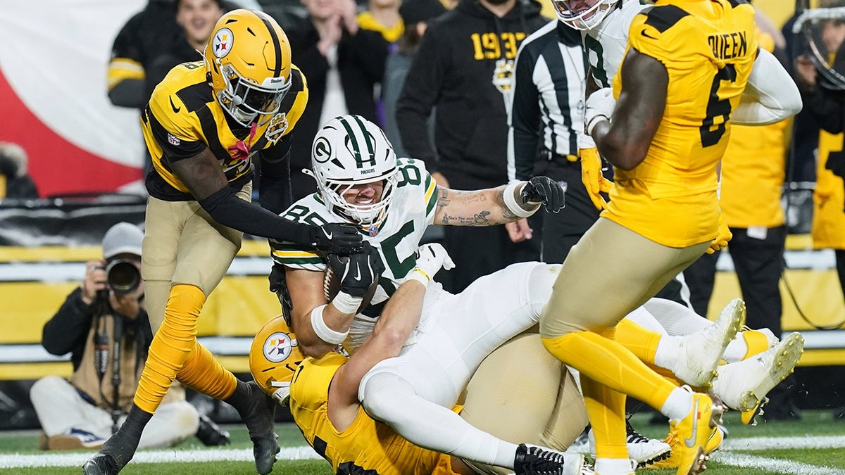 Tucker Kraft of the Green Bay Packers gets dragged into the end zone