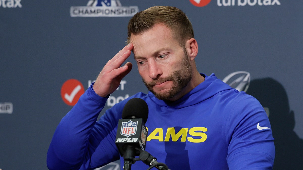 Sean McVay talks to reporters during a news conference after the NFC Championship NFL football game against the Seattle Seahawks, Sunday, Jan. 25, 2026, in Seattle.