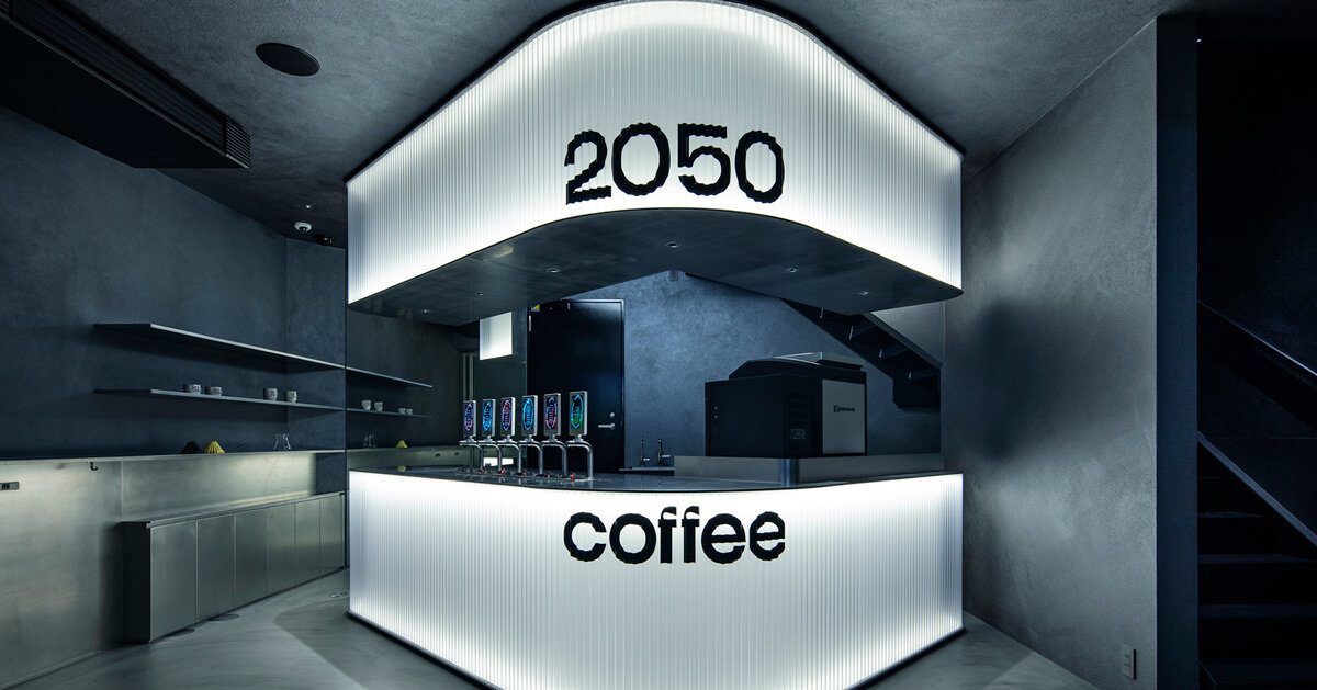 diagonal forms and illuminated curves outline 2050 coffee shop in osaka