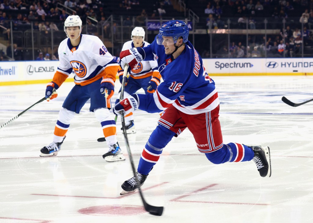 Pavel Dorofeyev of the New York Rangers skates against the New York Islanders during a preseason game.