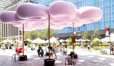 pink inflatable canopy brings soft shade to new york’s streetscape