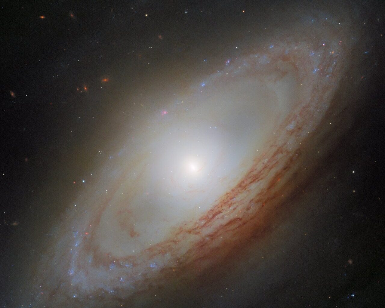 The spiral galaxy NGC 4698 is a member of the Virgo Cluster of galaxies. Its serene vision hides the fact that it has a tail of hydrogen gas stretching away from it; the spin of its arms is decoupled from the spin of the stars and gas in the center, and its bulge stretches out in an odd shape. Credit: ESA/Hubble &amp; NASA, D. Thilker, the MAUVE-HST Team
