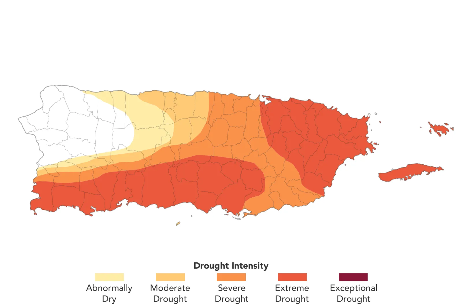 A map published on September 2 by NASA's Earth Observatory depicts the extent and severity of drought in Puerto Rico on August 25, 2026.
