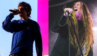 Turnstile onstage in 2026 and Obituary onstage in 2023