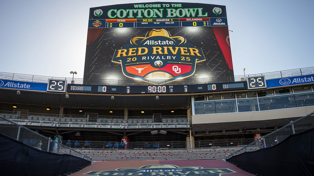 The endzone score board before a college football game