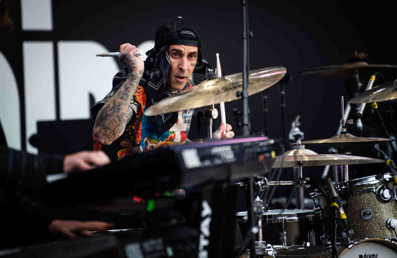 Blink-182&rsquo;s Travis Barker performing onstage at the Back To The Beginning show at Villa Park in July 2025