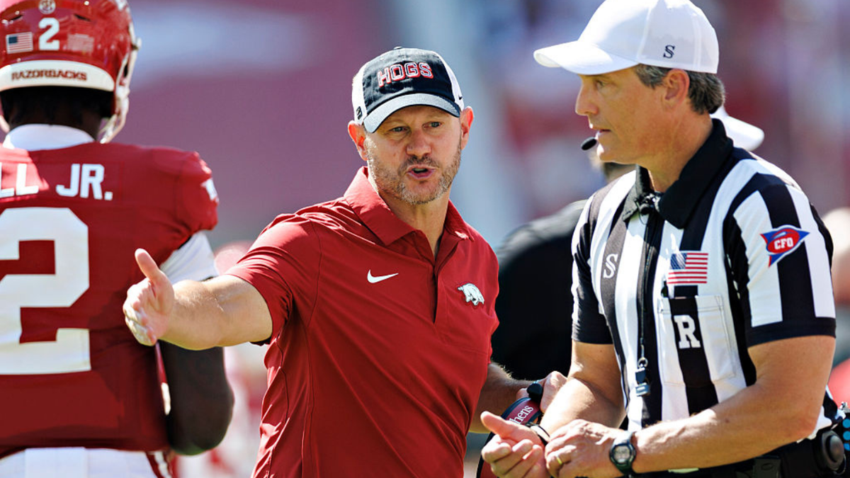 Ryan Silverfield argues with an official during a game at Donald W. Reynolds Razorback Stadium.