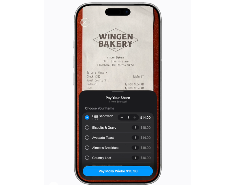 An iPhone screenshot shows a receipt for a bakery and the option to split the bill among different people in the Wallet app.