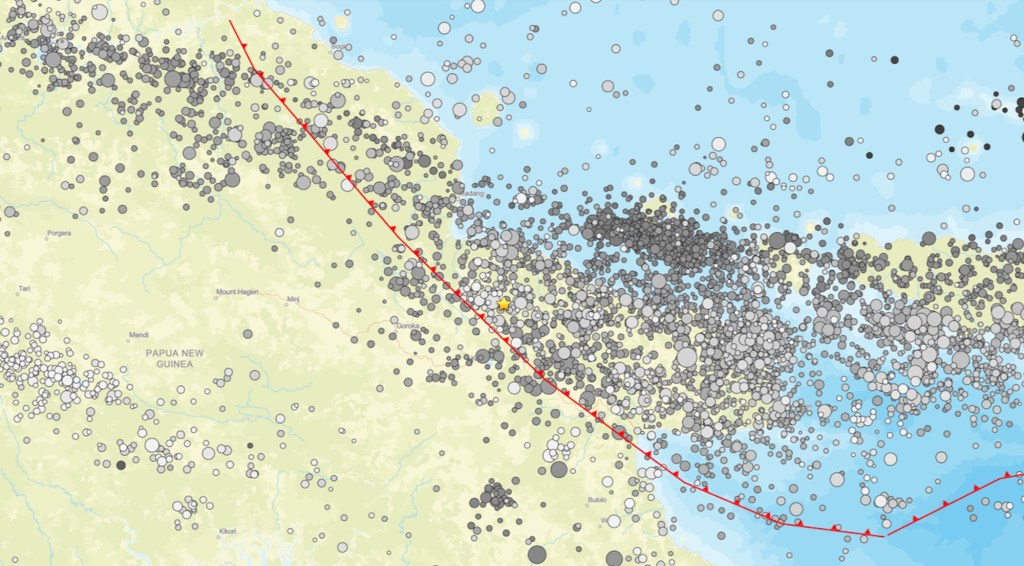 Map illustration of earthquake epicenters across Papua New Guinea, with a prominent red fault line and a yellow star marking the 6.4 magnitude earthquake epicenter.