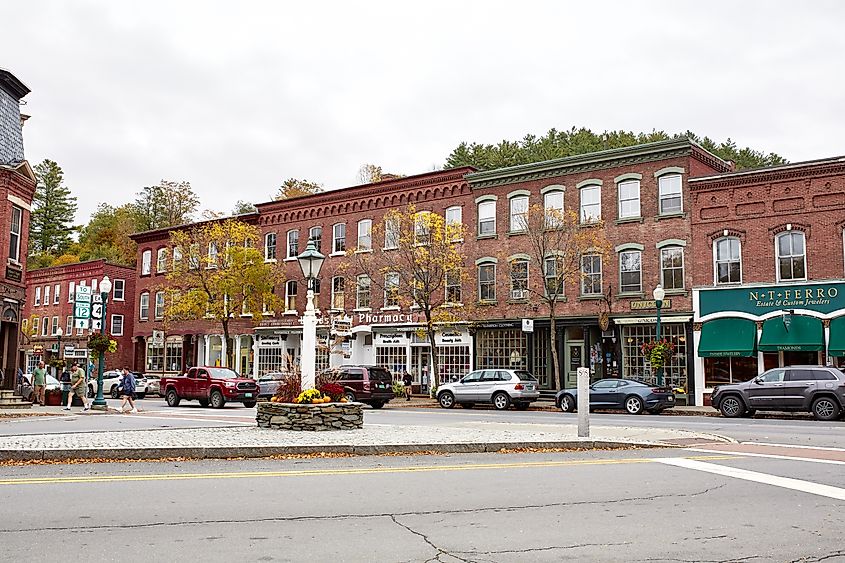 Local businesses along the historic downtown streetscape in Woodstock, Vermont.