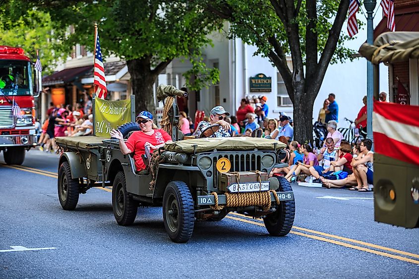 Crowds line the street for the Fourth of July parade in Lititz, Pennsylvania.