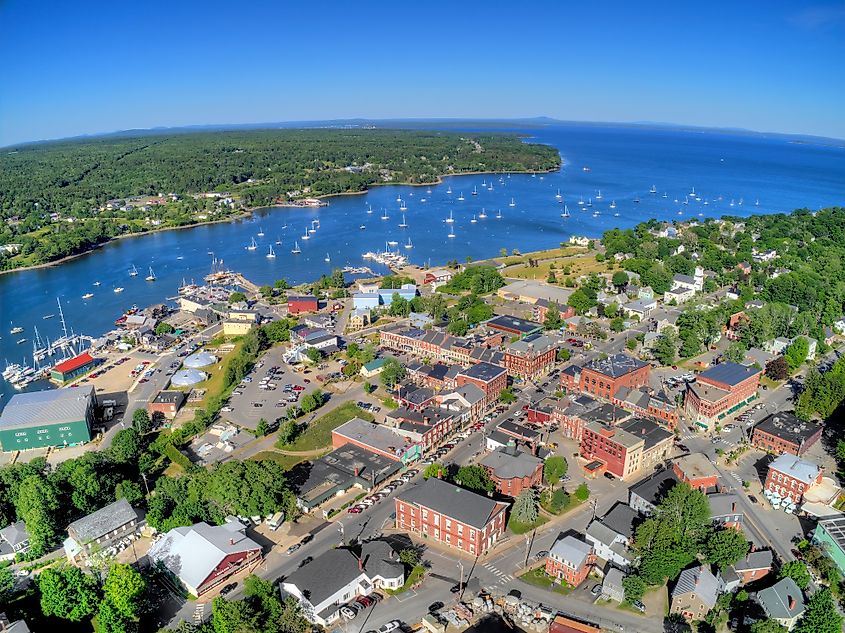 Waterfront and historic downtown buildings in Belfast, Maine.