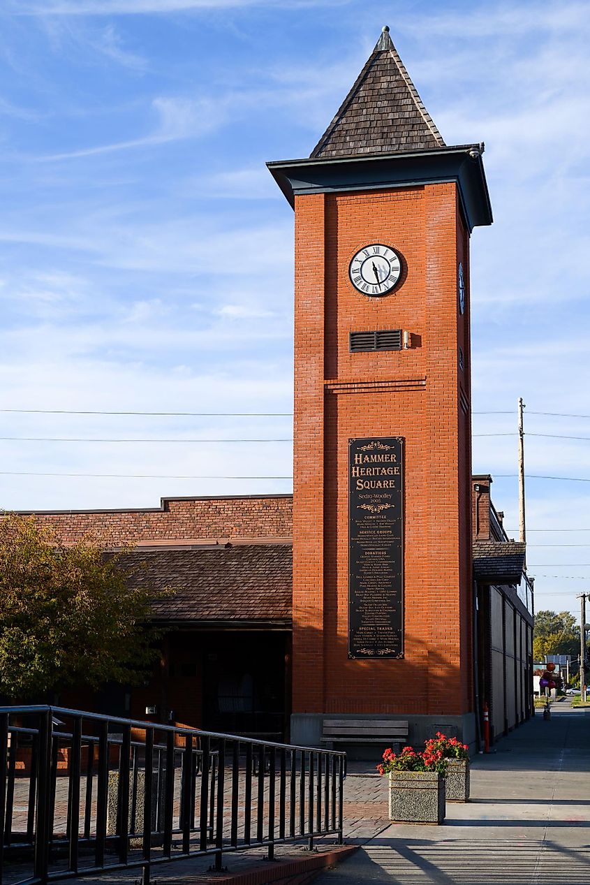 Clock tower in Hammer Heritage Square in downtown Sedro-Woolley, Washington.