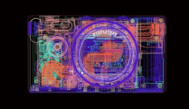 A neon-colored, wireframe-style X-ray view of a digital camera showing internal circuitry, lens components, and mechanical parts against a black background.