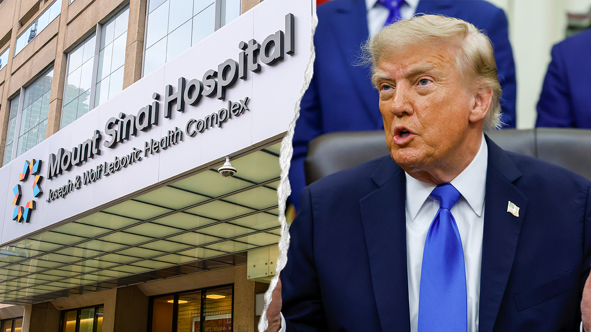 Donald Trump sitting in the Oval Office alongside an exterior view of Mount Sinai Hospital.