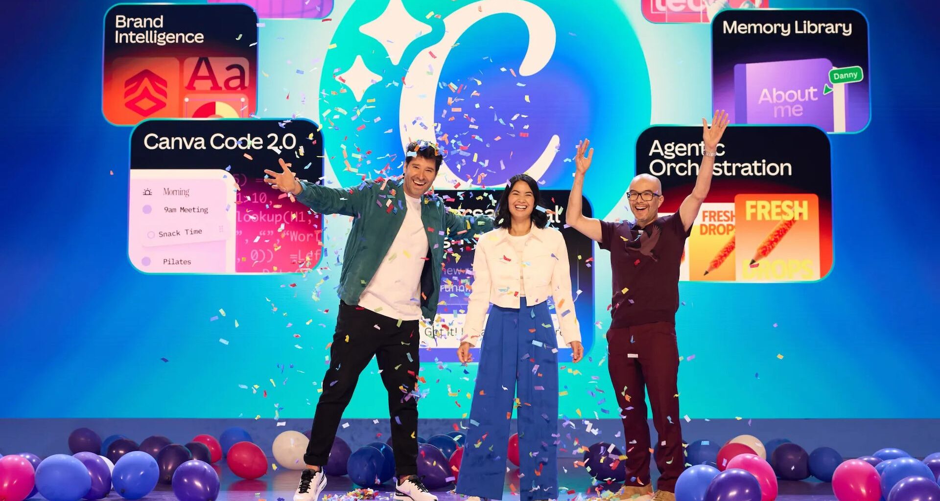 Canva's founders celebrating the launch of Canva AI 2.0 in April