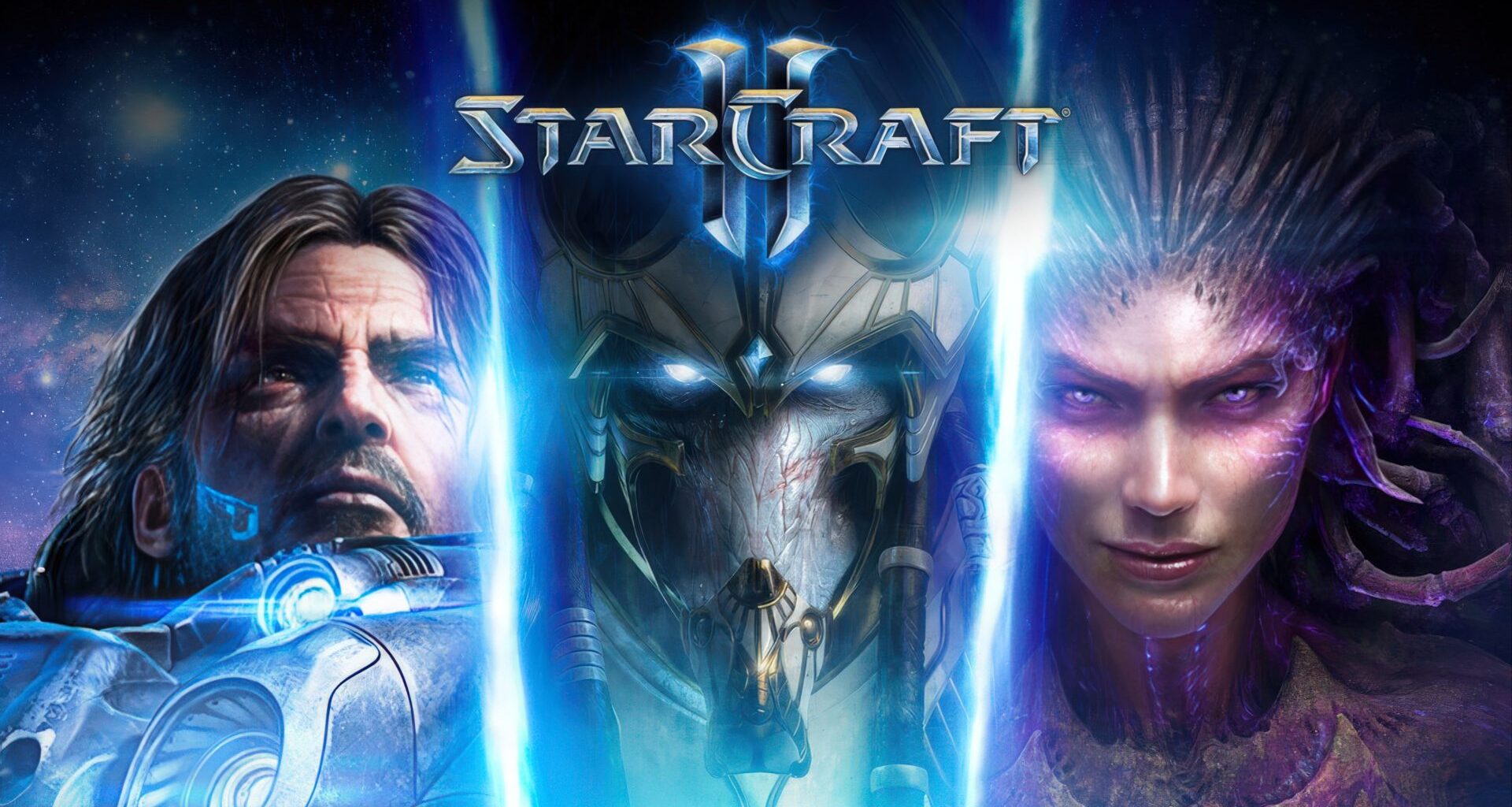 Cover artwork for 'StarCraft II' featuring Jim Raynor, a Protoss warrior, and Kerrigan.