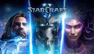 Cover artwork for 'StarCraft II' featuring Jim Raynor, a Protoss warrior, and Kerrigan.