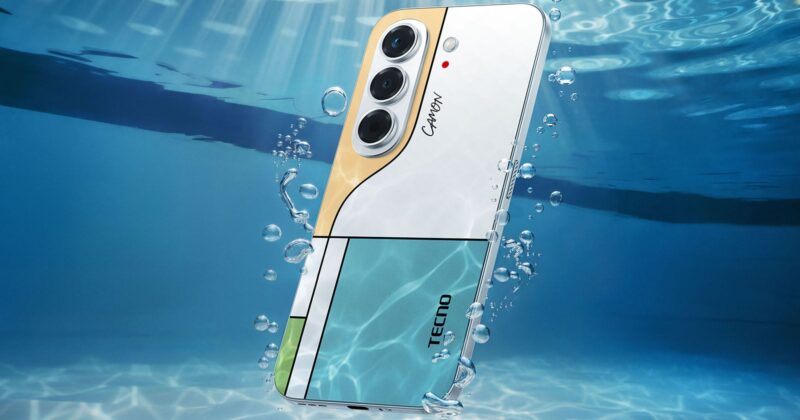 A Tecno Camon smartphone with a multi-colored geometric back panel floats underwater surrounded by rising air bubbles.