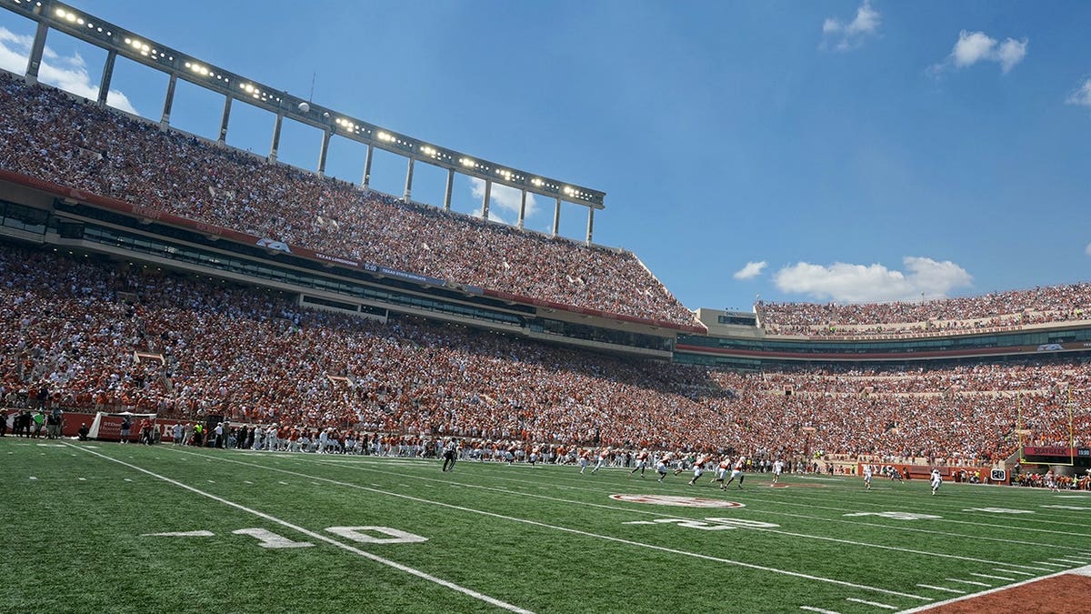 Kickoff before Texas Longhorns and Texas State Bobcats game at Darrell K Royal-Texas Memorial Stadium.