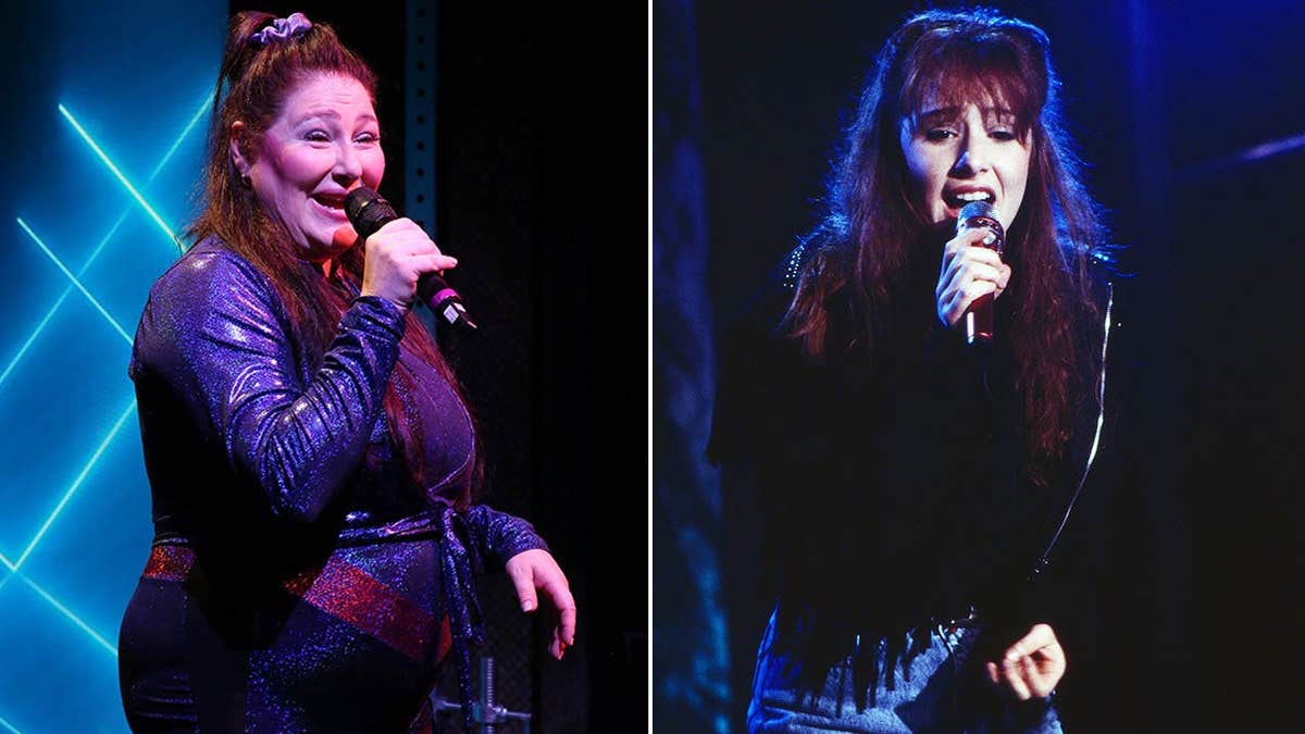 A split of Tiffany in Spandex the Musical and Tiffany in 1988